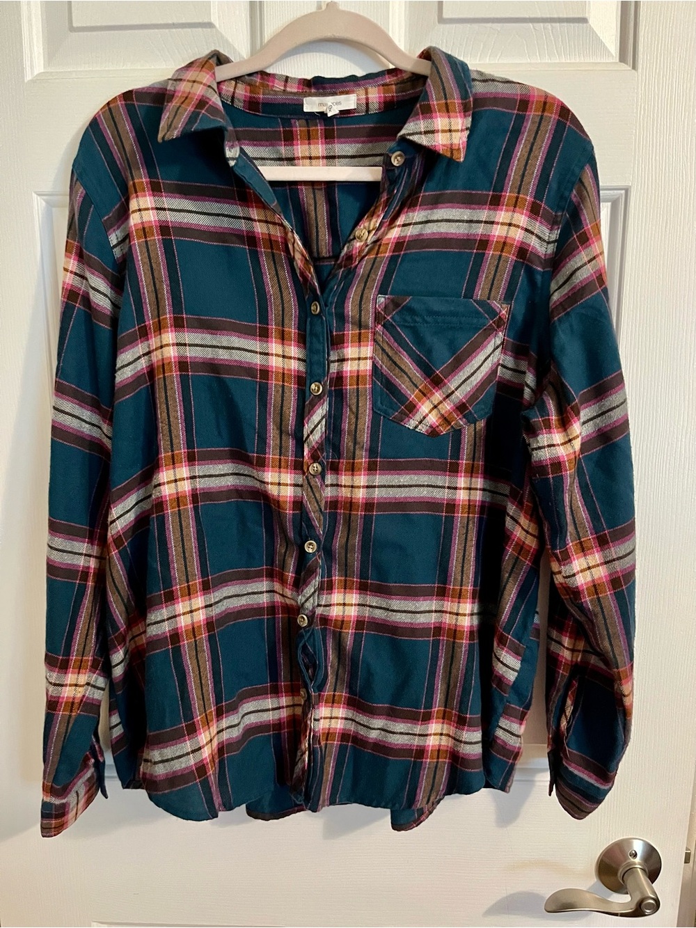 Plaid Button-Down Shirt - Teal and Pink Flannel Maurice’s 0x Women’s